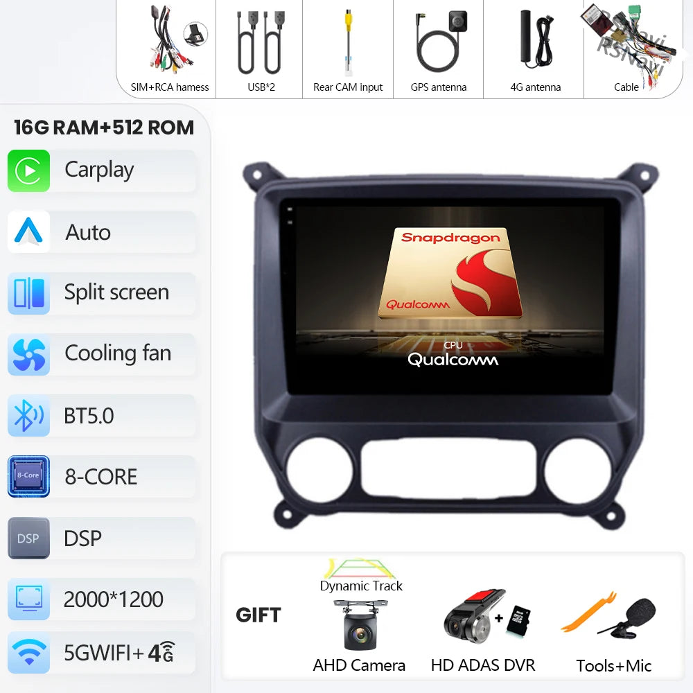 Android 16 Carplay Auto Car Radio Multimedia For Chevrolet Silverado 3 GMTK2 2014 2015 2016 2017 2018 GPS BT 4G Stereo Head Unit