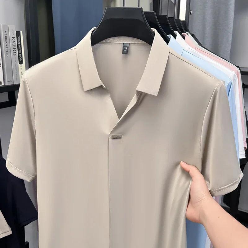 Men's Ice-Silk Polo - Seamless Notch Lapel, Metal-Button Placket