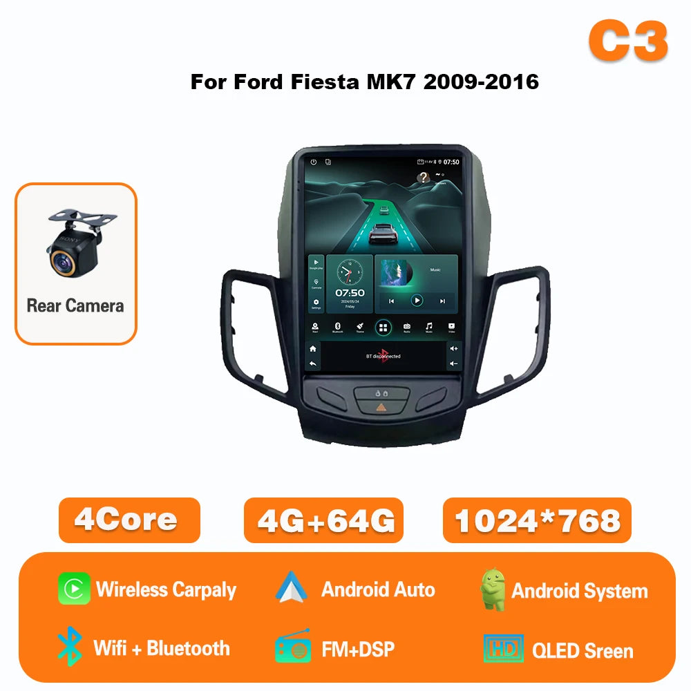 9.7" Android Car Stereo for Ford Fiesta MK7 (2009–2017) — Wireless CarPlay & Android Auto, GPS, 4G, WiFi