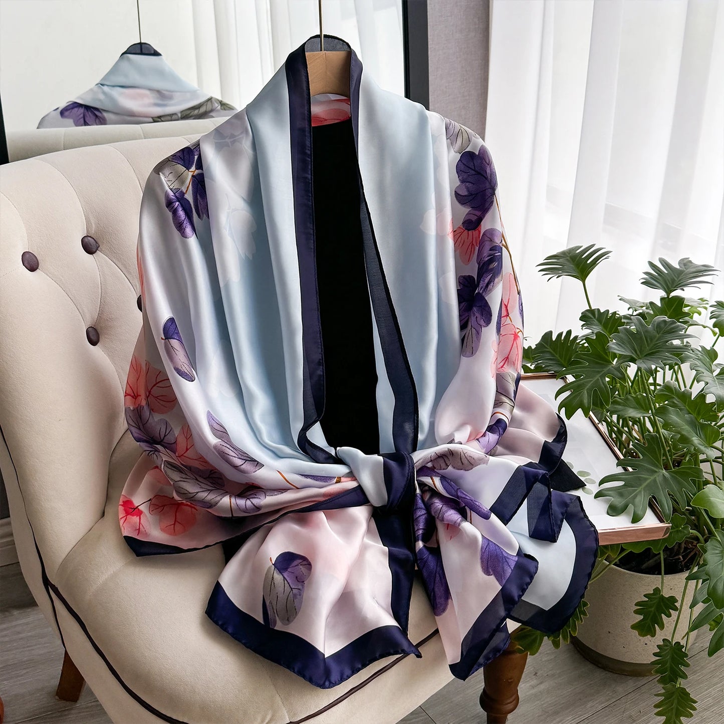 Latest Spring High Quality Soft Silk Scarf Women Ladies Elegant Floral Scarf Fashion Shawl Beach sun Protection Designer Scarf