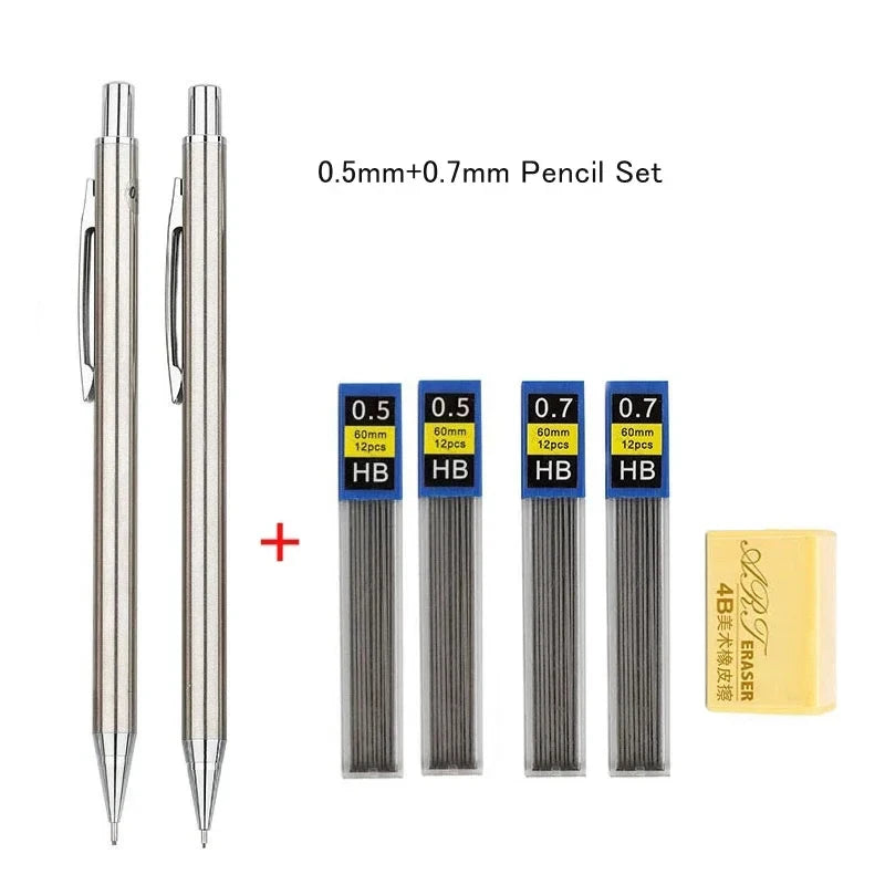 Full Metal Mechanical Pencil Set 0.3 0.5 0.7 0.9 1.3 2.0mm HB Automatic Pencil With Leads,for Art Drawing Writing Sketchin