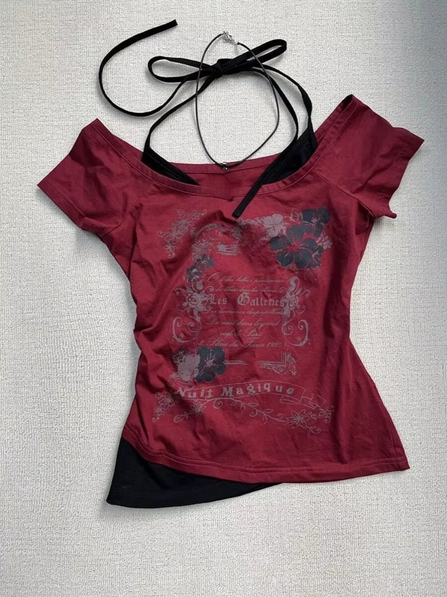 Women's Vintage Harajuku V-Neck Backless Crop T-Shirt – Grunge Y2K Patchwork Subculture Tee