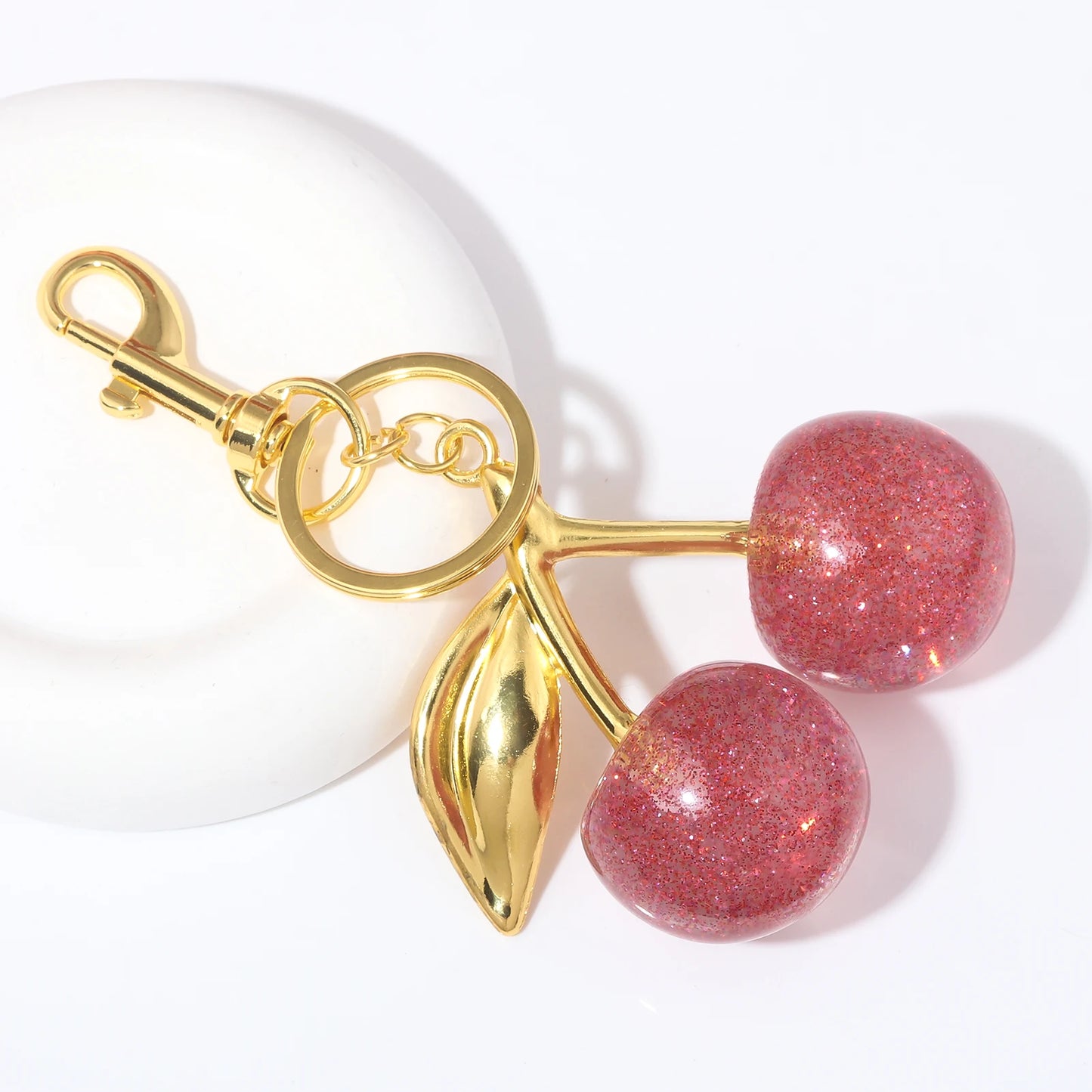 Cherry Crystal Bag Charm Keychain — Pink Fruit Keyring
