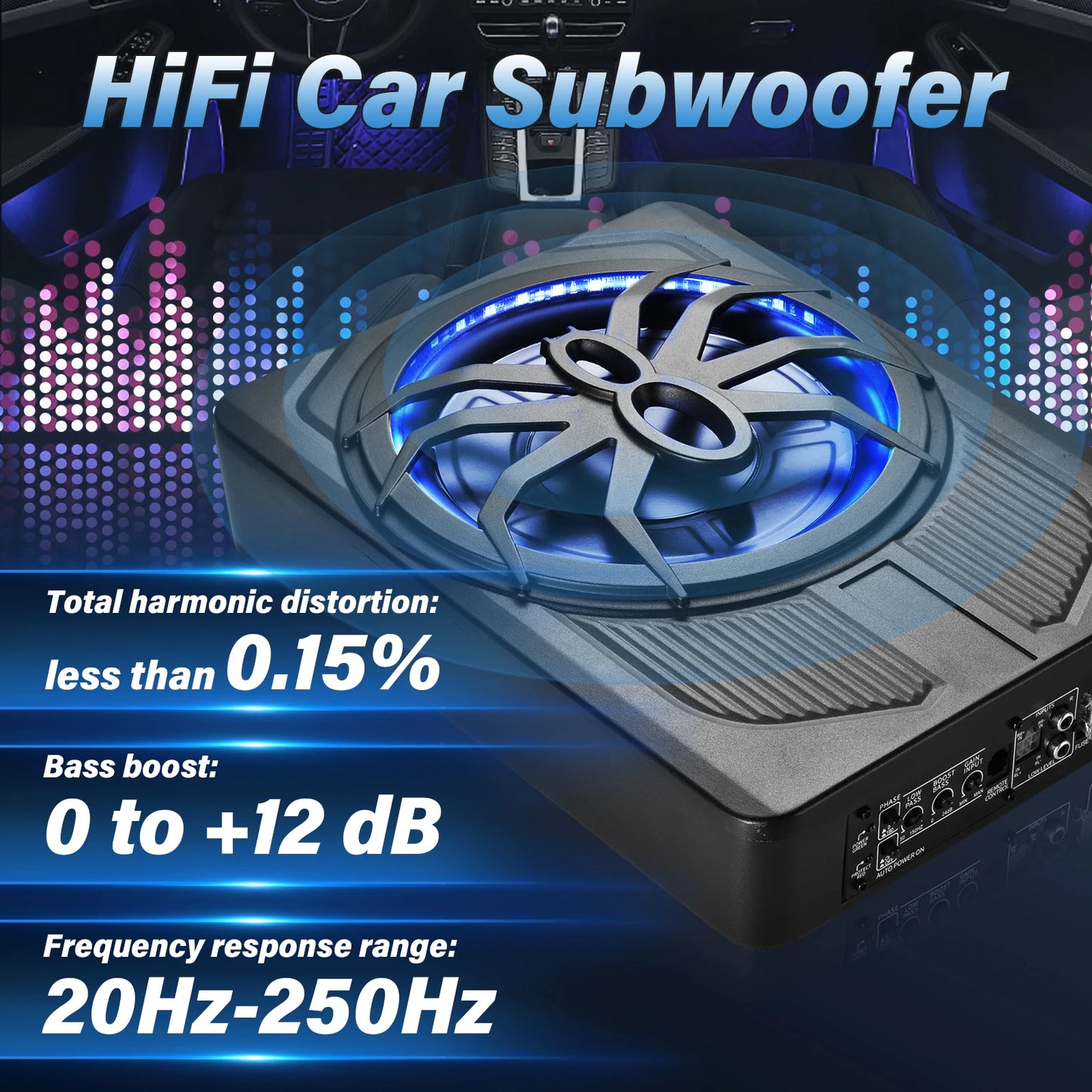 10 Inch Under Seat Subwoofer, Active Car Subwoofer, Compact Under Seat Sub 12V with Blue LED Ambient Light for Trucks, Vehicles with Limited Space