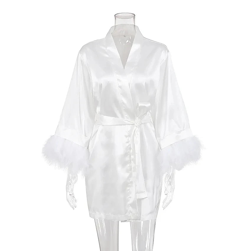 Women's Satin Robe with Feather Trim, Bridal Robe