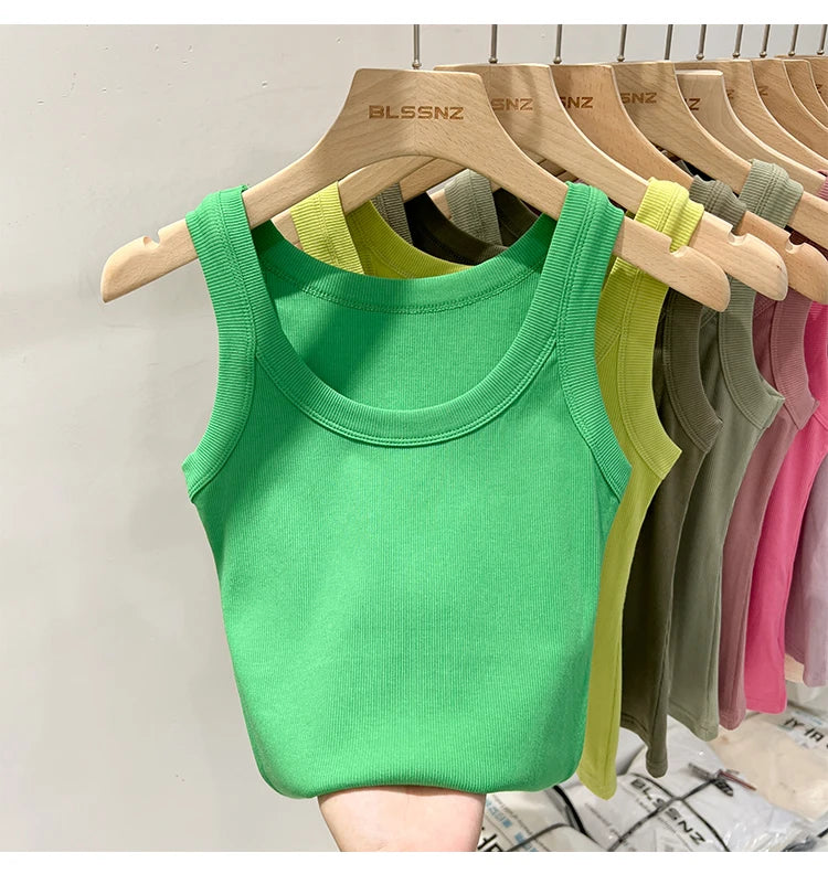AOSSVIAO Women Solid Round Neck Ribbed Tank Top Camisole Women 2026 Summer Basic Elastic Tank Top O Neck Solid Tank Top