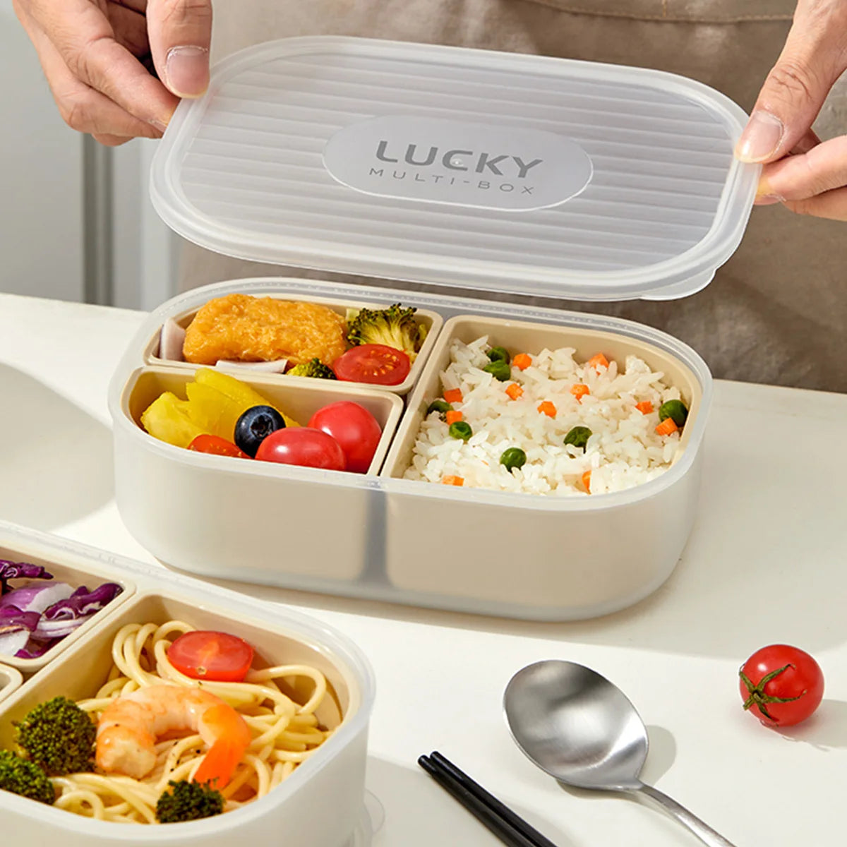 WORTHBUY 3 Grids Microwave Plastic Lunch Box Portable Detachable Fruit Bento Box Stackable Food Container For School Office