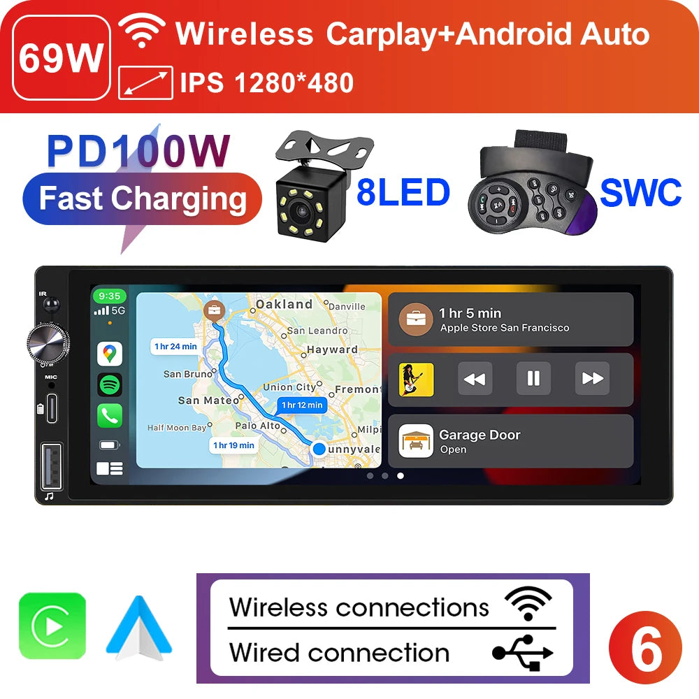 6.9" 1 DIN Universal IPS Car Stereo with Apple CarPlay & Android Auto