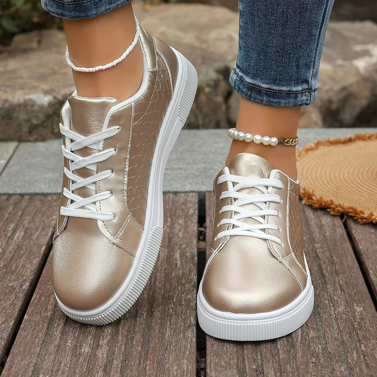 Metallic Lace-Up Sneakers for Women — Soft PU Leather Board Shoes, Plus Size