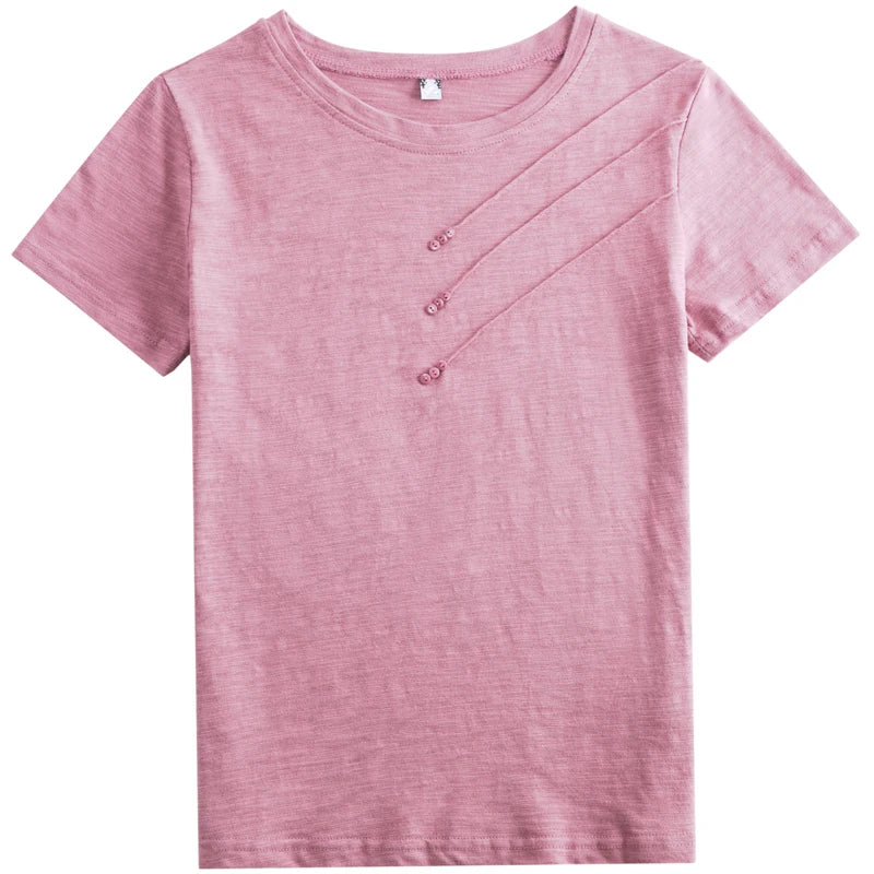 Women's slub cotton button tee, loose crew neck — view 3 of 20