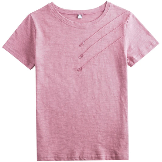 Women's slub cotton button tee, loose crew neck — view 3 of 20