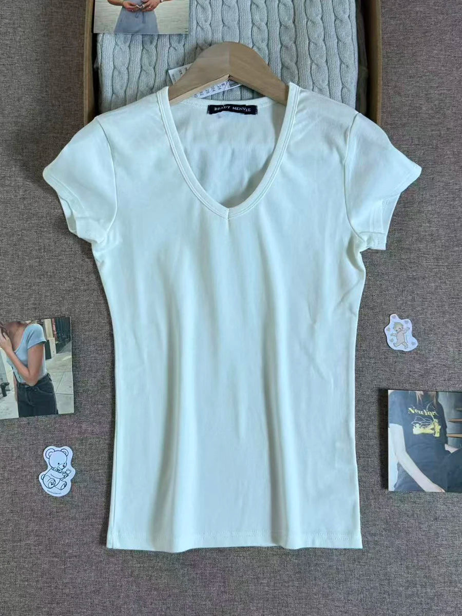Camouflage Thin Short Sleeve T-shirt Women V-neck Cotton Slim All-match Tee Shirts Female Streetwear Vintage Y2k Tops Summer New
