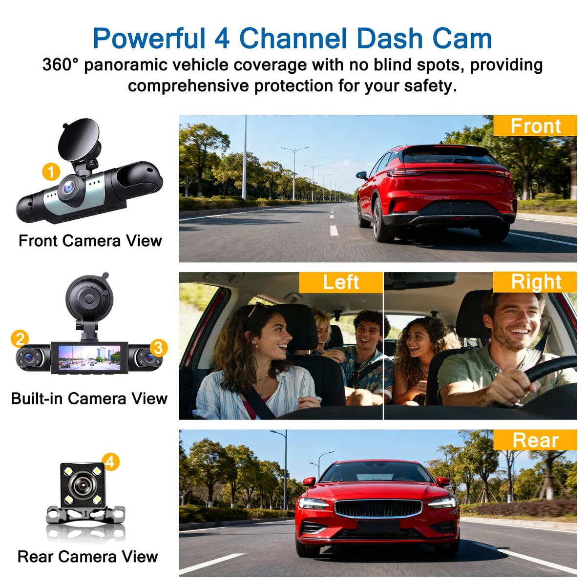 BCUOZ 4-Lens 360° Dashcam, 1080P Front + 720P Built-in Rear Left and Right Car Cameras, Super Night Vision, Loop Recording, G-Sensor, WDR, 12-24V Car Plug Power Supply, Optional 64GB Memory Card.