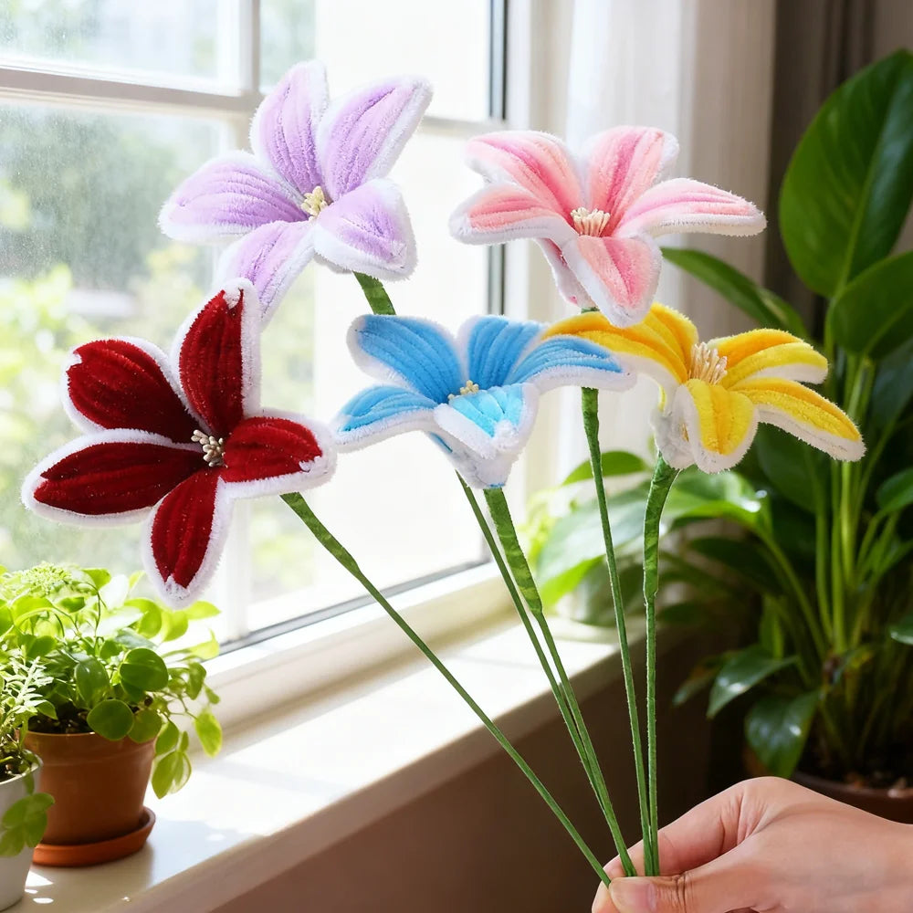 5Pcs Lily DIY Flower Calla Chenille Stems Fluffy Wire Pipe Cleaners Twist Stick Children Educational Toys Creative Handcraft