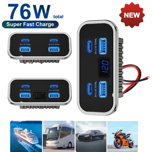 12V-24V Waterproof Panel Mount USB Charger with QC3.0 & PD3.0