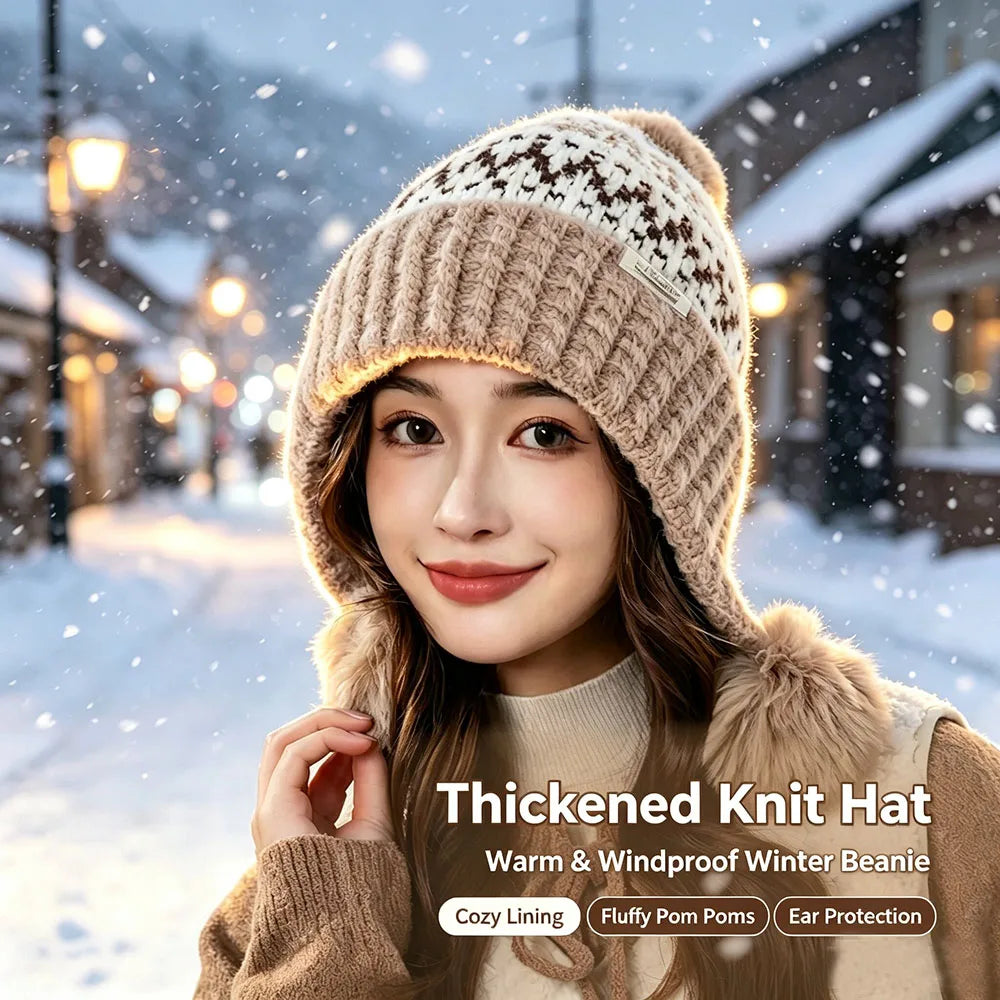 Women Winter Hat - Thickened Warm Beanie With Ear Protection Cold Proof Knitted Cap For Christmas Gifts Red Grey