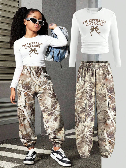 Spring and Autumn Girls' Trendy 2-Piece Outfit: Letter Print Long-Sleeve T-Shirt + Camo Cargo Jogger Pants Set