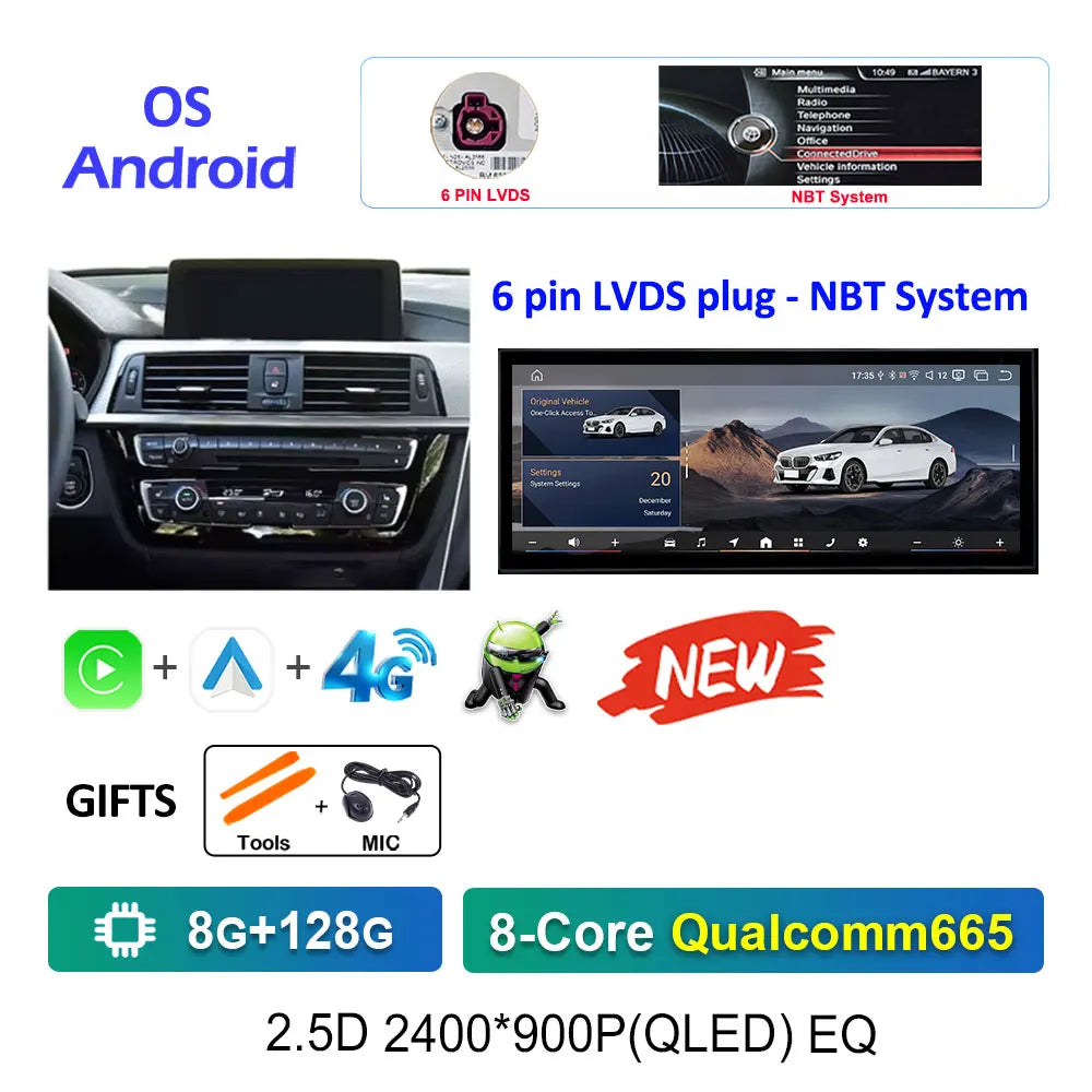 12.3" Android CarPlay Screen for BMW 3/4 Series F30 F31 F32 F33 F34 F36 (2013–2019) NBT/EVO — Android Auto, GPS, 4G