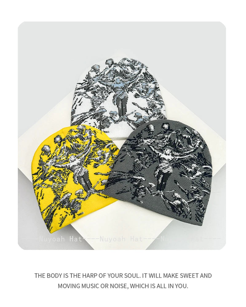 Angel Skull Jacquard Beanie, Unisex Knit Hat
