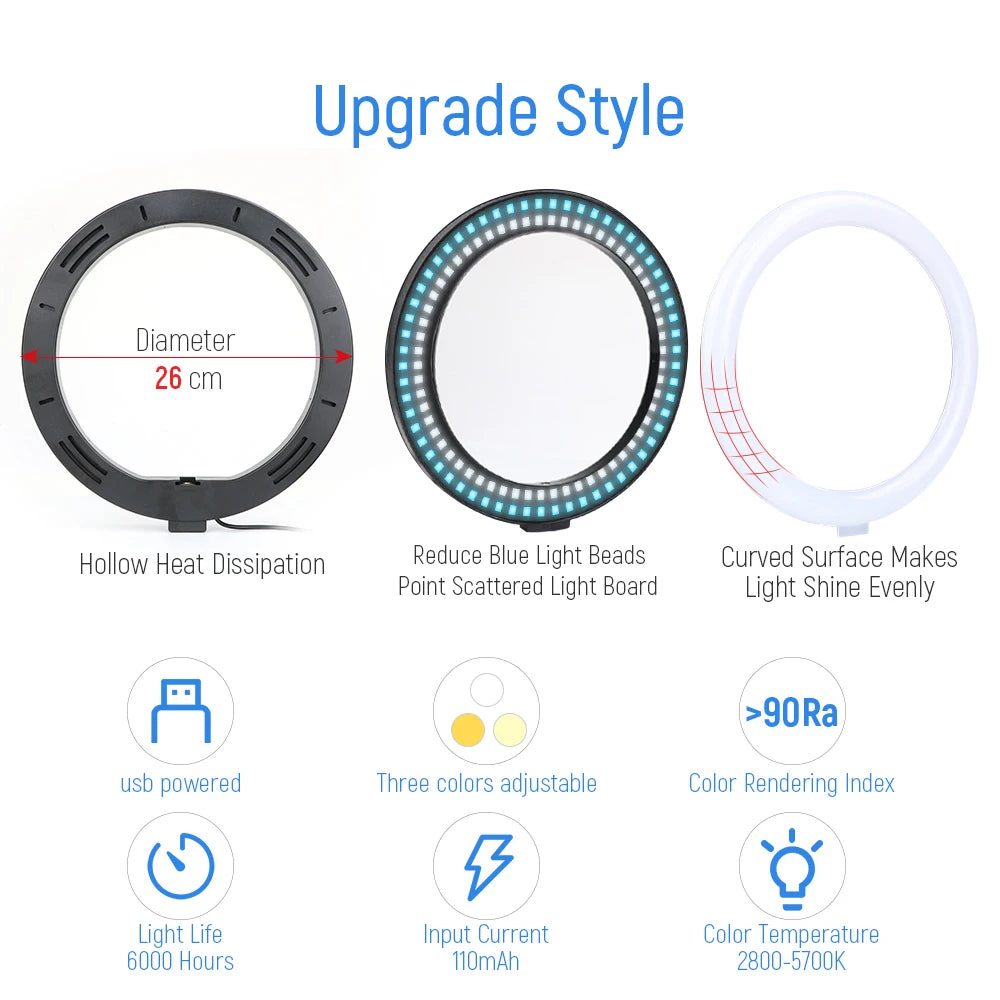 10 Inch 26cm Ring Light Selfie Ring Light with Mini Desk Tripod Stand Phone Holders LED RingLight for Photography YouTube TikTok