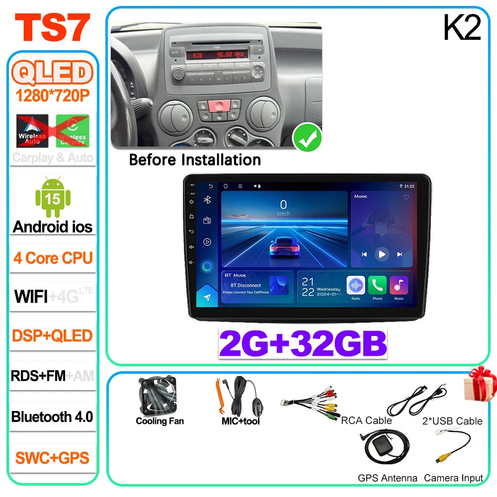 Car Stereo with Apple CarPlay & Android Auto, Compatible with Fiat Panda 169 (2003-2012)