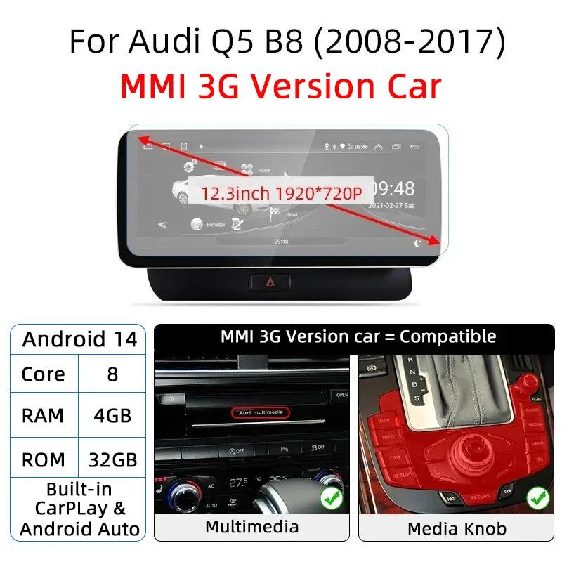12.3 Android 14 System Car Radio Stereo For Audi Q5 8R 2008-2017 WiFi 4G LTE 8+128GB CarPlay BT IPS Touch Screen GPS