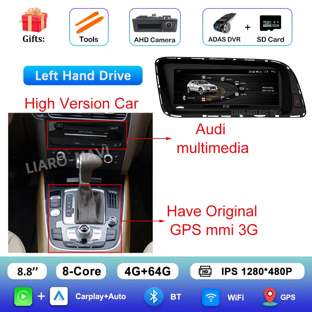 Android 16 for Audi Q5 2026 - 2026 HD Screen Car Radio Video Multimedia Player 8.8 inch BT 4G Carplay DSP Stereo WiFi Auto Tools