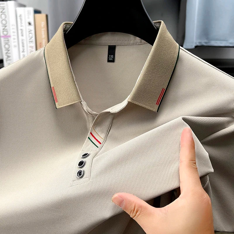 Men's Lapel Polo - Decorative Stripe Placket, Breathable Mesh