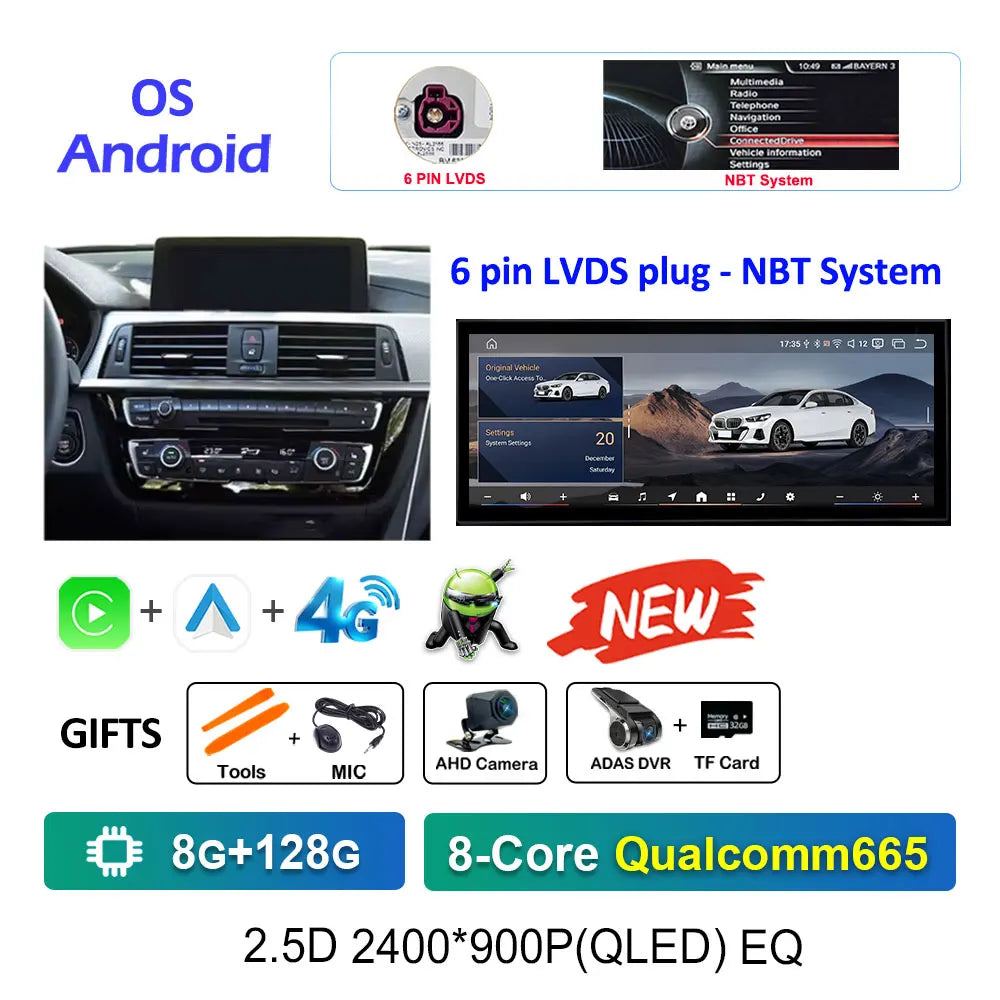 12.3" Android CarPlay Screen for BMW 3/4 Series F30 F31 F32 F33 F34 F36 (2013–2019) NBT/EVO — Android Auto, GPS, 4G