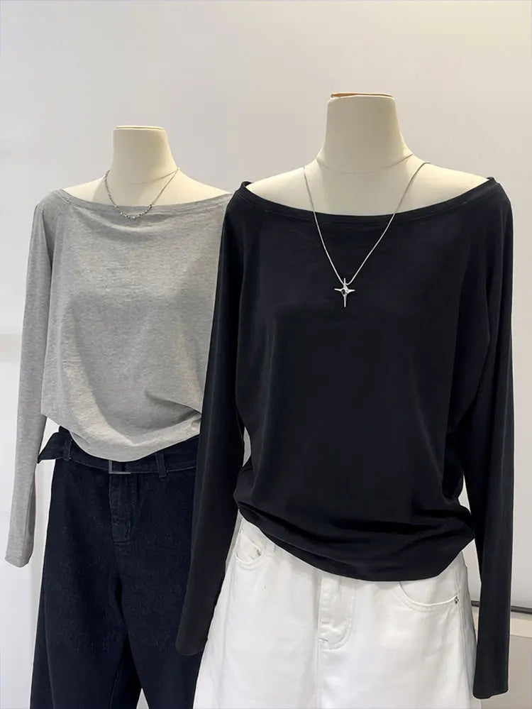 Women's Oversized Off-Shoulder Long-Sleeve Top — Casual Korean Basic Tee