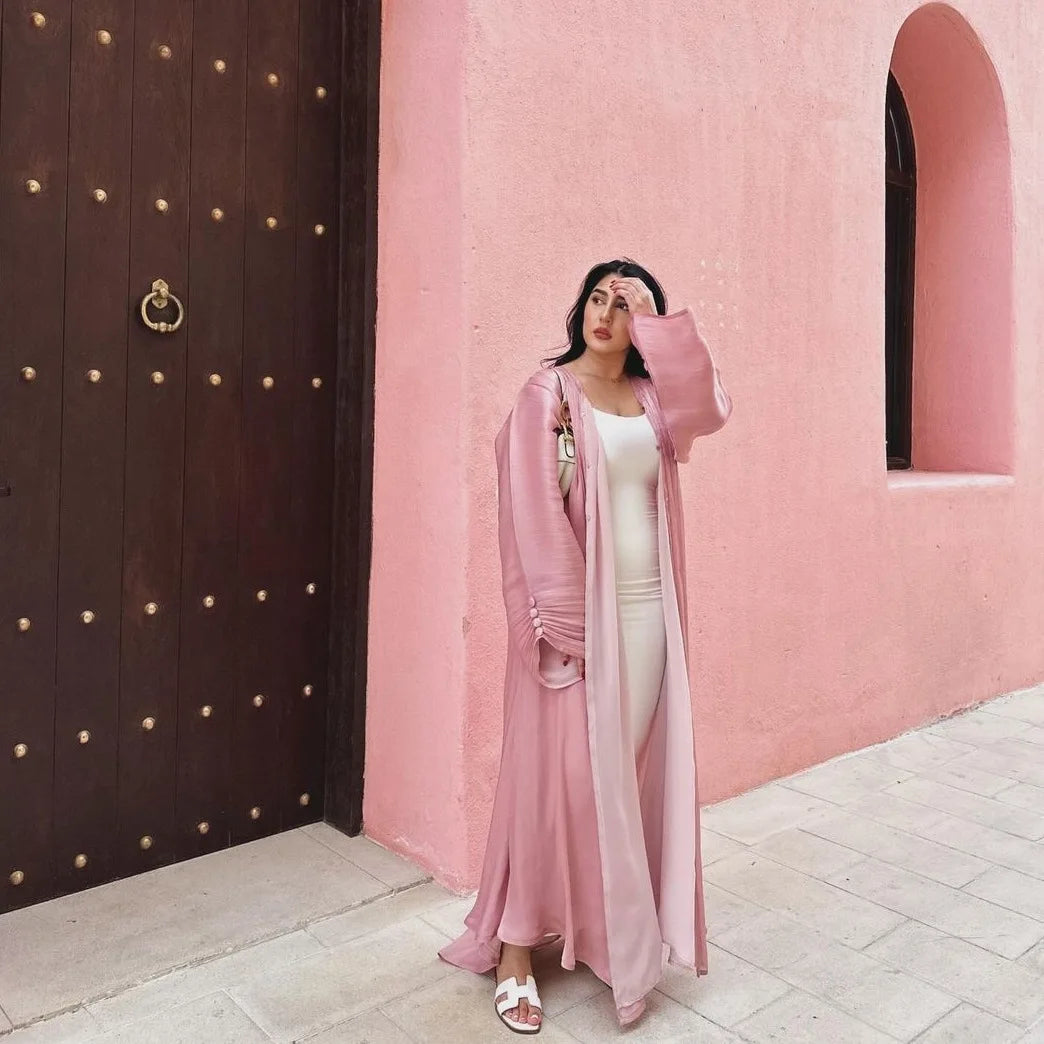 Eid Silky Abayas for Women Muslim Jalabiya Ramadan Robe Dress Button Sleeve Ramadan Caftan Party Dresses Vestido Largo Cardigan