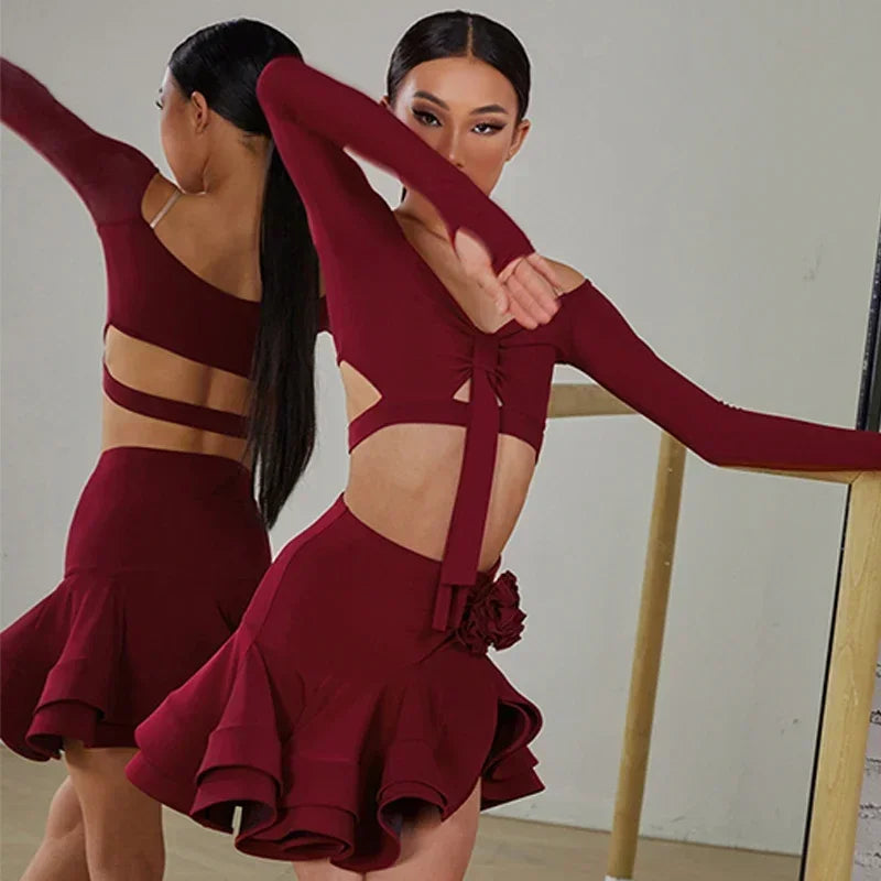 Girls burgundy Latin dance top and skirt set