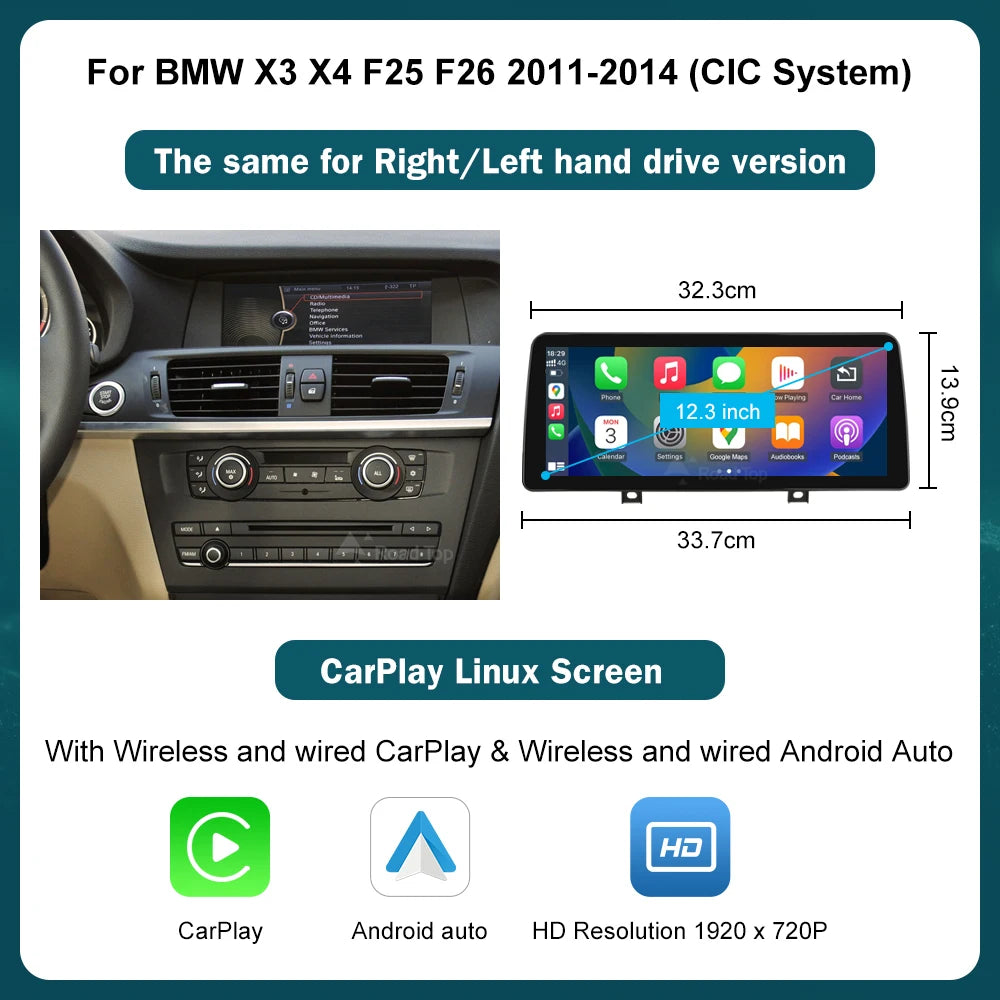 RoadTop 12.3'' Wireless Carplay Multimedia Linux Touch Screen For BMW X3 F25 X4 F26 2011-2016 CIC NBT Android auto Auto Link