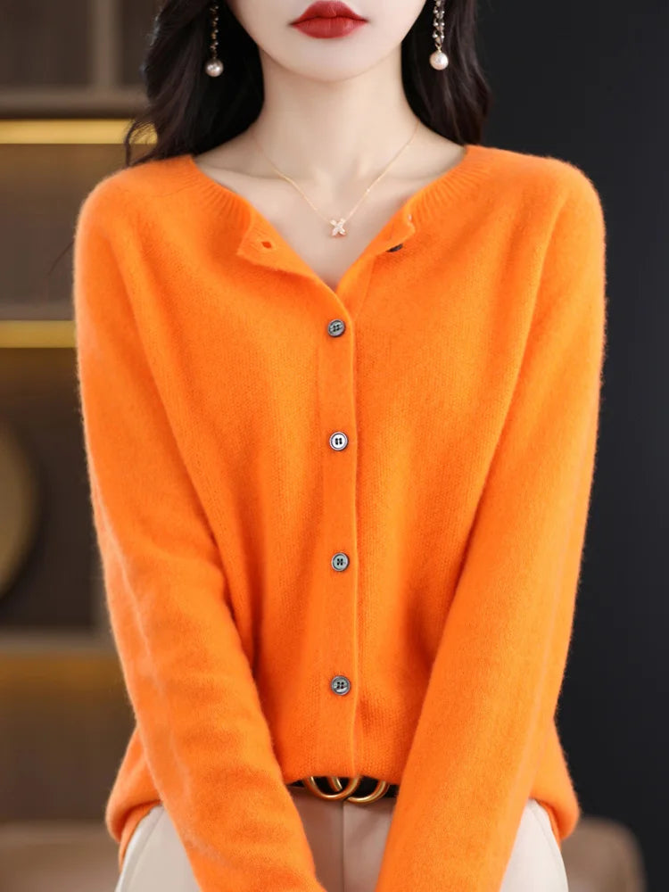 Women Cashmere Sweater 100% Merino Wool Knitted Cardigan Autumn Winter Knitwear O-Neck Female Solid Color Casual Fashion Top
