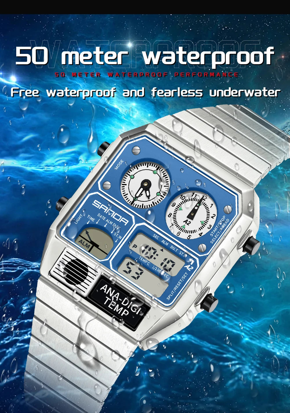 SANDA 3192 Men's Sport Watch – Analog-Digital LED, Waterproof, Stainless Steel