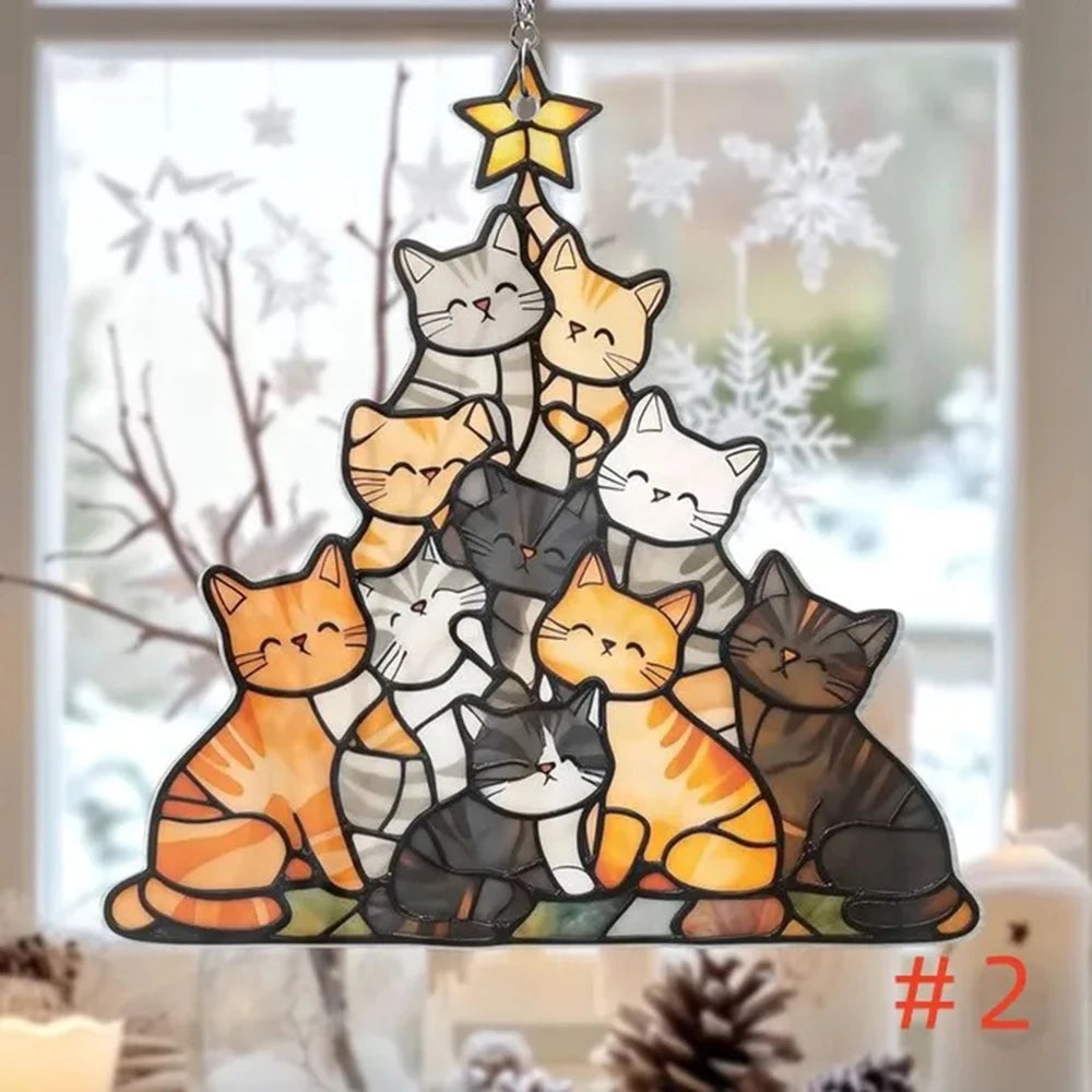 9cm Cat Christmas Tree Suncatcher Ornament Cute Cat Lover Gifts Women Funny Christmas Decorations Black Orange Decor Hanging