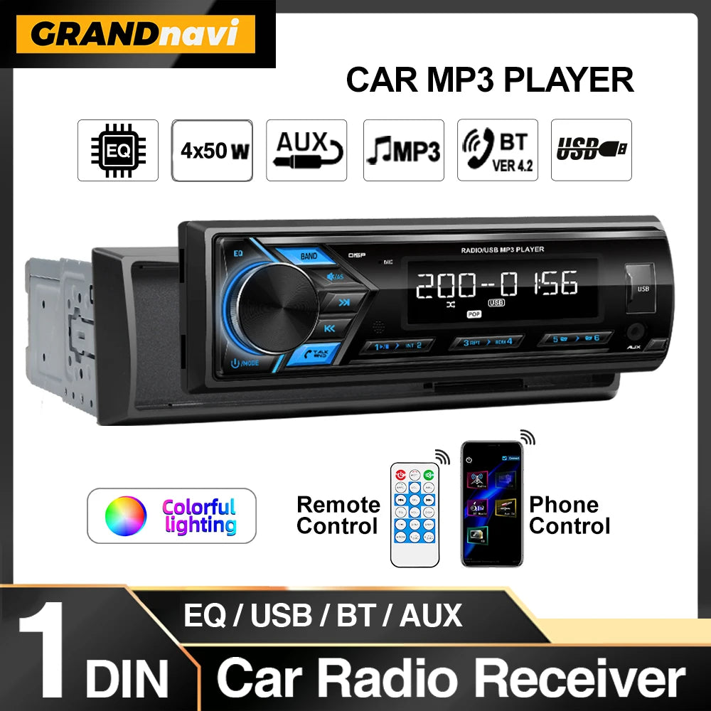 1-DIN Car MP3 Receiver — Detachable Panel, Bluetooth, USB/AUX, FM Radio, Remote Control