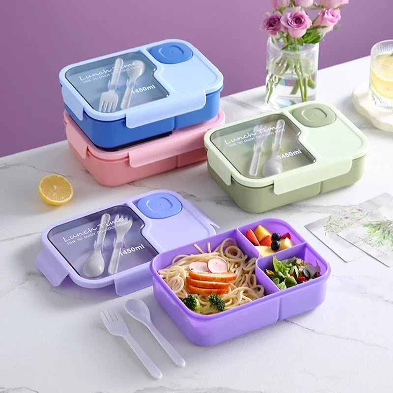 Cute 3-Compartment Kids Lunch Box - Cartoon Bento with Cutlery