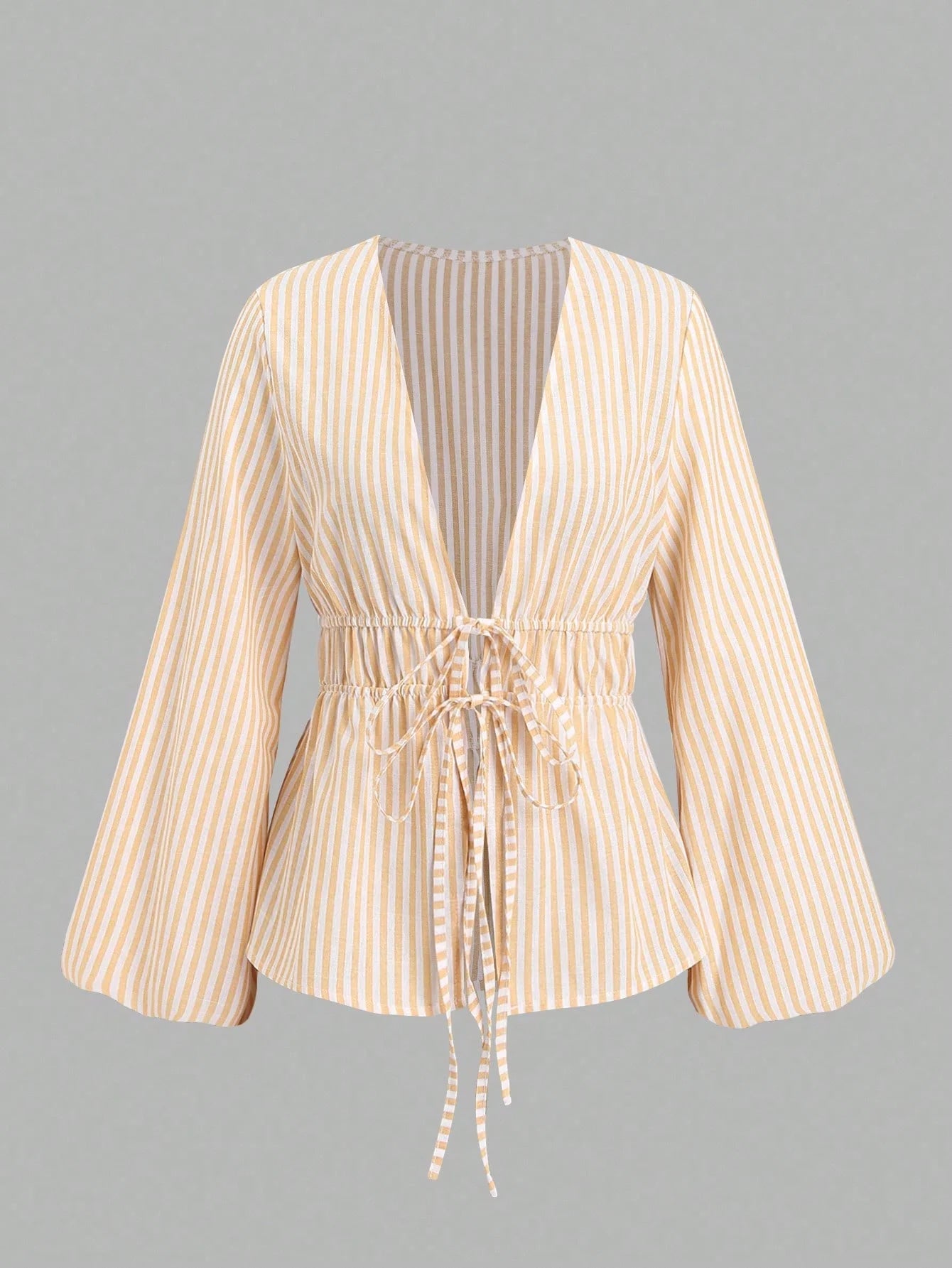 Striped Tie Bow Puff Sleeve Shirt