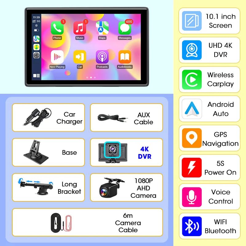 Jansite 10.1 inch UHD Car DVR 4K Dashcam CarPlay/Android Auto 4:3 Screen 5G WiFi GPS Navigation Recorder Rearview Camera FM AUX