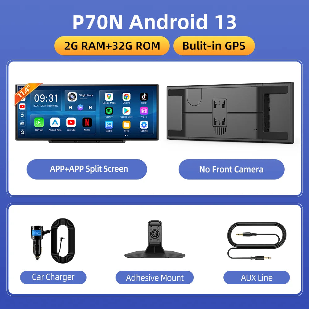 Imagebon P70N Bulit-in GPS Map Navigation 11.4" QLED Screen Android System Dash Cam Wireless Carplay Android Auto Car DVR Goggle