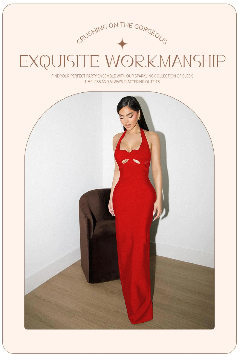 VC Black Halter Elegant Dress For Women 2026 New Summer Evening Party Celebrity Bodycon Long Dress Red Brown Prom Vestido