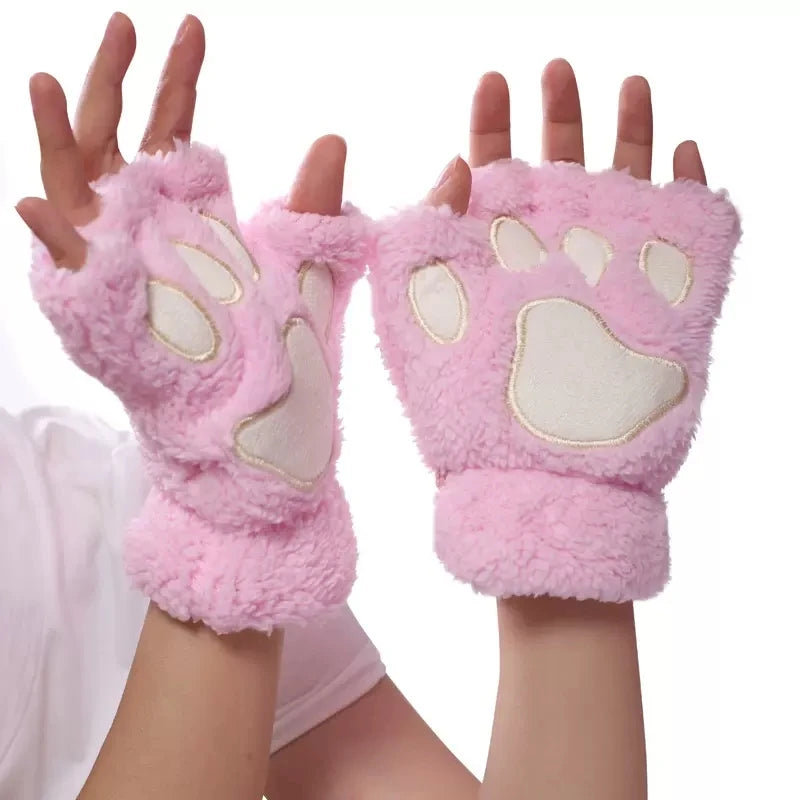 Women's Cat Paw Plush Mittens, Fingerless