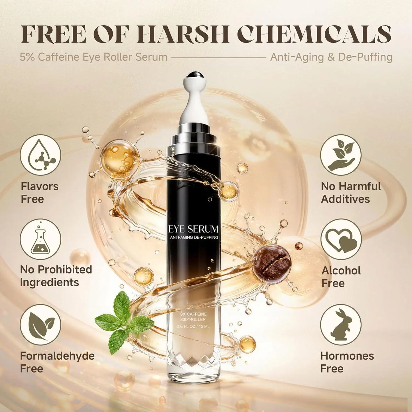Eye Cream with 360° Roller, Anti Aging Treatment for Wrinkles & Fine Lines, Caffeine Under Eye Serum for Dark Circles &Puffiness