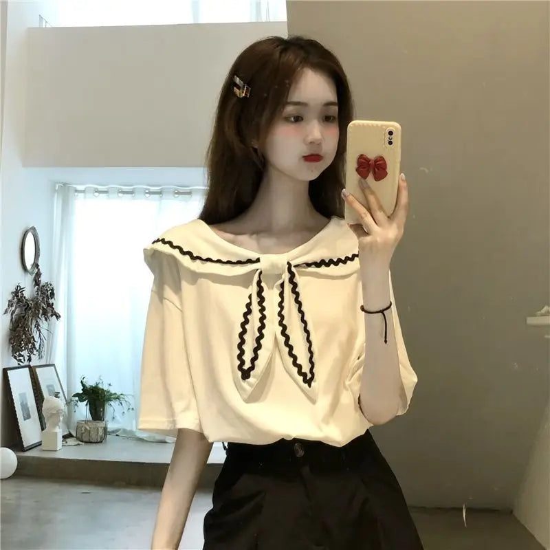 Sailor Collar T-shirts Women Baggy Kawaii Clothes Panelled Temper Designer Aesthetics Japanese Stylish Summer Vintage Футболка