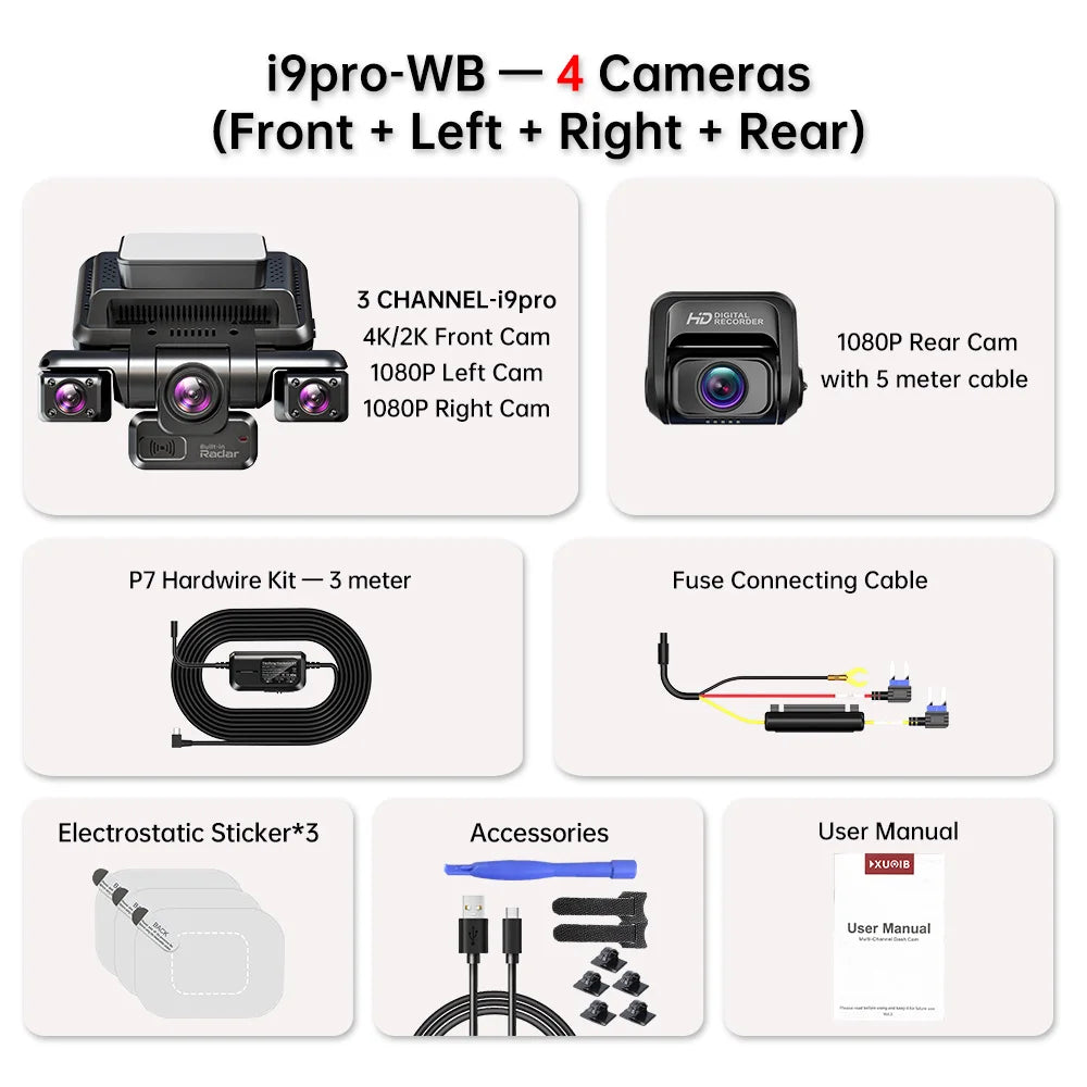 XUOIB 4CH GPS Dash Cam i9pro-wb with 4K & 24H Parking Monitor