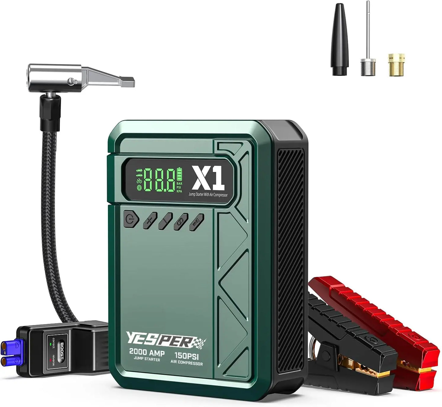 YESPER 2000A Jump Starter with 150PSI Air Compressor, Portable Car Battery Booster & Tire Inflator, Emergency LED Screen