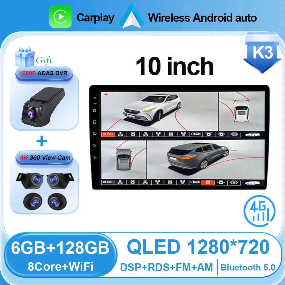 Universal 2-DIN Android Car Stereo (9"/10") — CarPlay, Android Auto, GPS, QLED Screen, Bluetooth