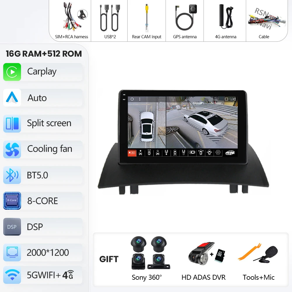 Android 16 For Renault Megane 2 2002-2009 2K QLED Android Car Radio Multimedia Video Player GPS Stereo CarPlay 4G Navigationv BT