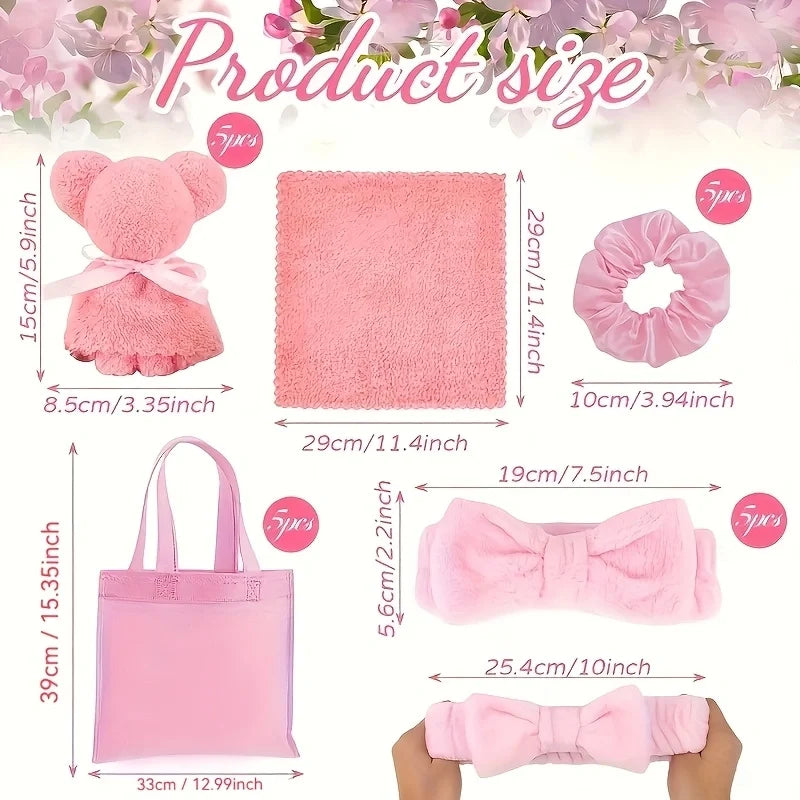 20 Spa Gift Set -5 Polyester Large Bags, 5 Headbands, 5 Hair Rings, 5 Bear Shaped Fabrics - Perfect for Bridal Showers, Singles'